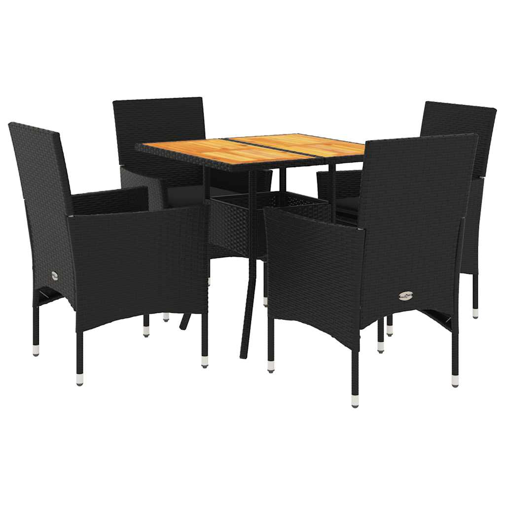 Set Pranzo da Giardino 5 pz con Cuscini Nero Polyrattan Acacia | homemem39
