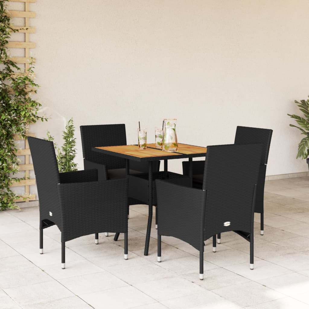 Set Pranzo da Giardino 5 pz con Cuscini Nero Polyrattan Acacia - homemem39