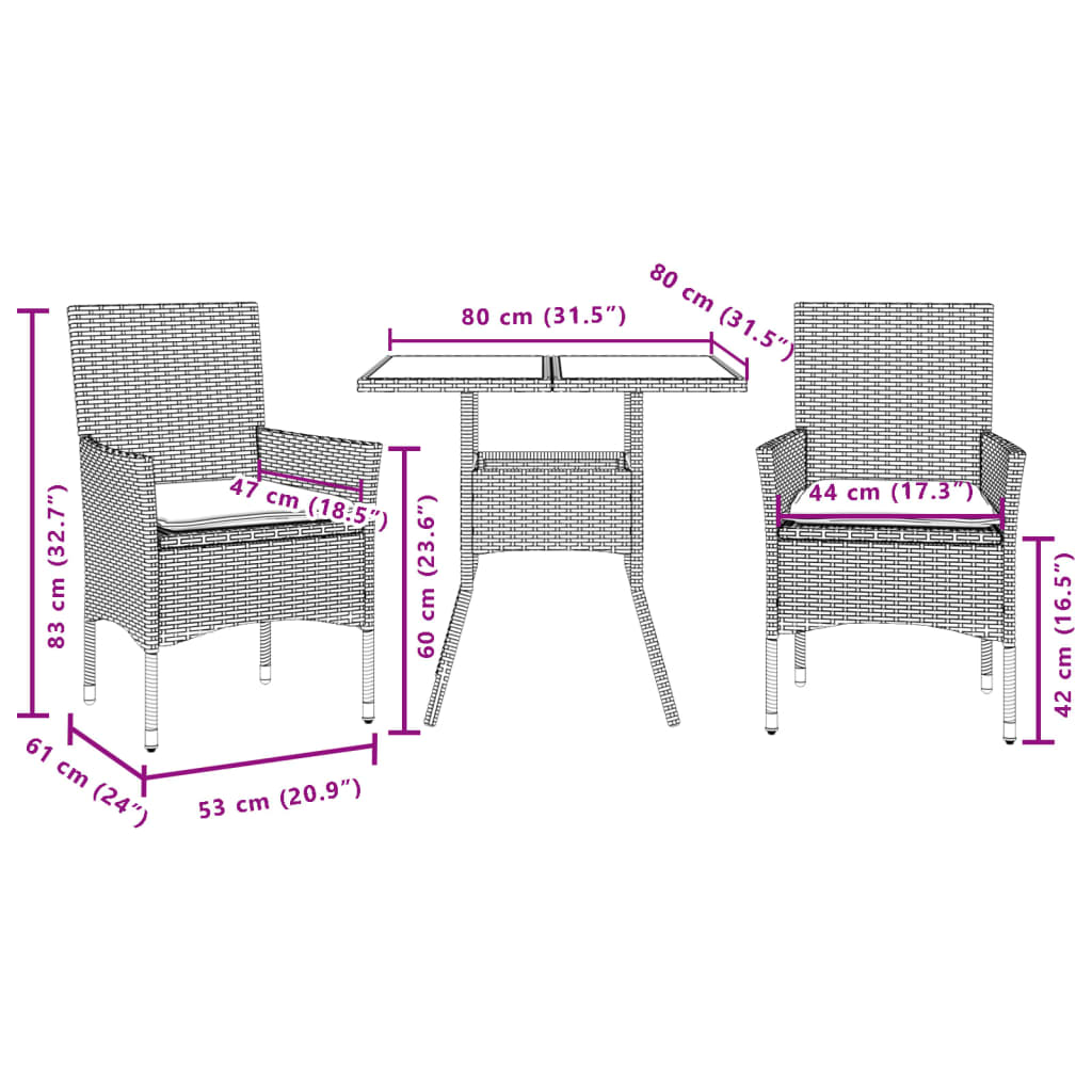 Set Pranzo da Giardino 3pz con Cuscini Polyrattan Acacia Grigio | homemem39