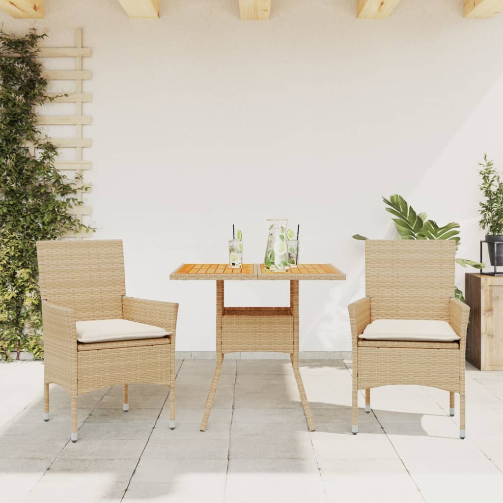 Set Pranzo da Giardino 3 pz con Cuscini Beige Polyrattan Acacia - homemem39