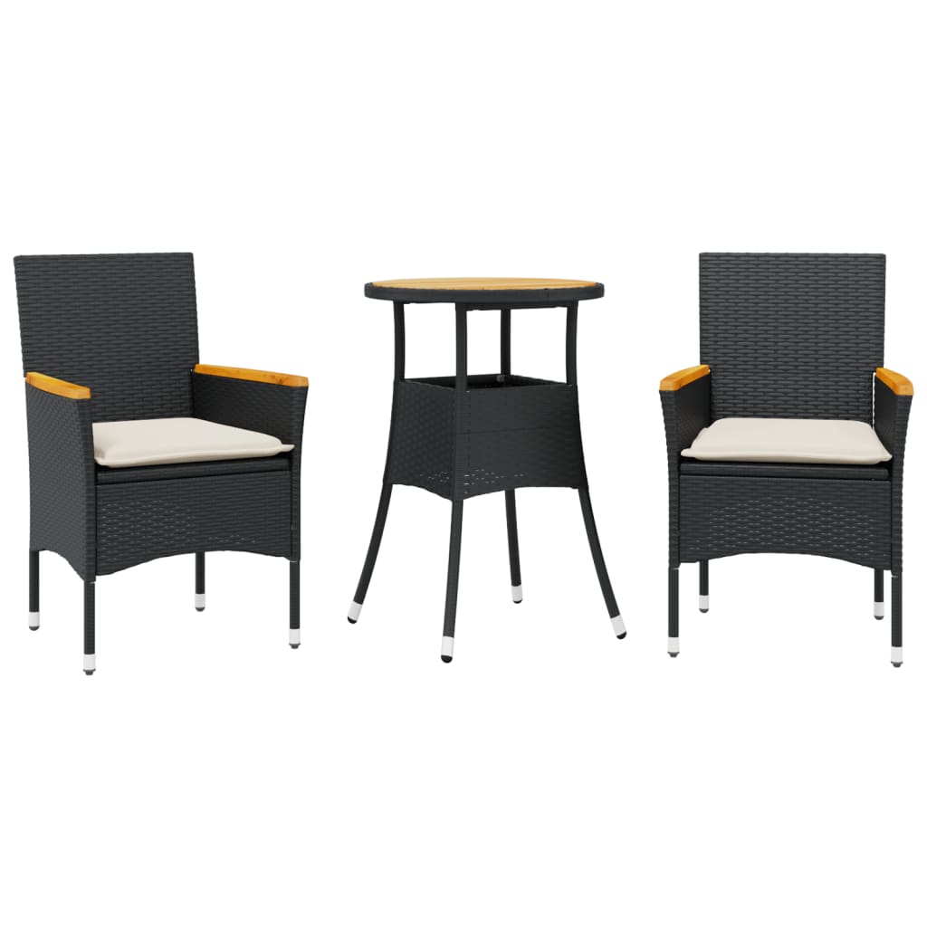 Set Pranzo da Giardino 3 pz con Cuscini Nero Polyrattan Acacia - homemem39
