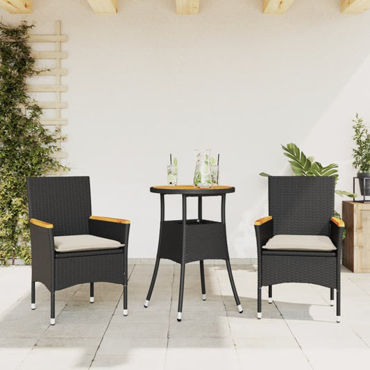 Set Pranzo da Giardino 3 pz con Cuscini Nero Polyrattan Acacia | homemem39