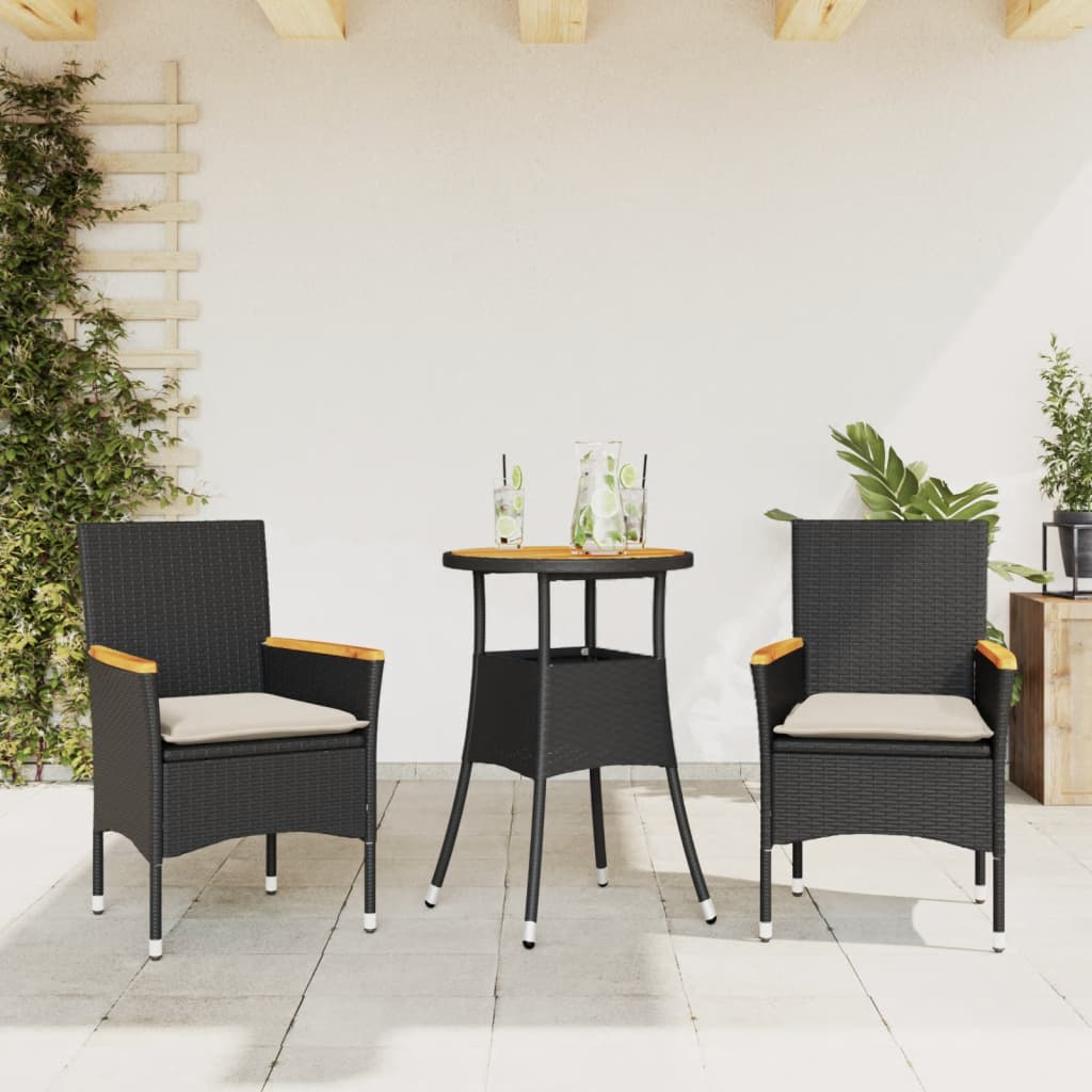 Set Pranzo da Giardino 3 pz con Cuscini Nero Polyrattan Acacia - homemem39