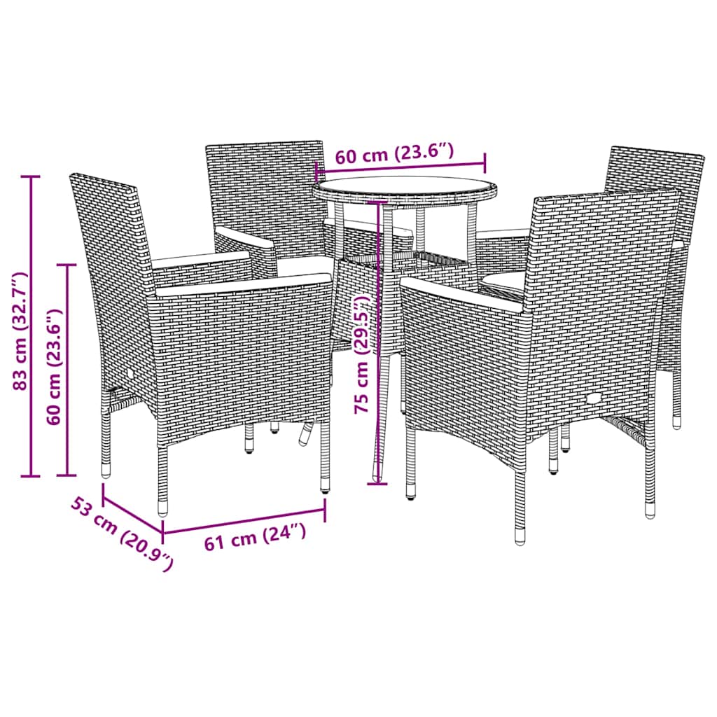 Set Pranzo da Giardino 5 pz con Cuscini Nero Polyrattan Acacia | homemem39