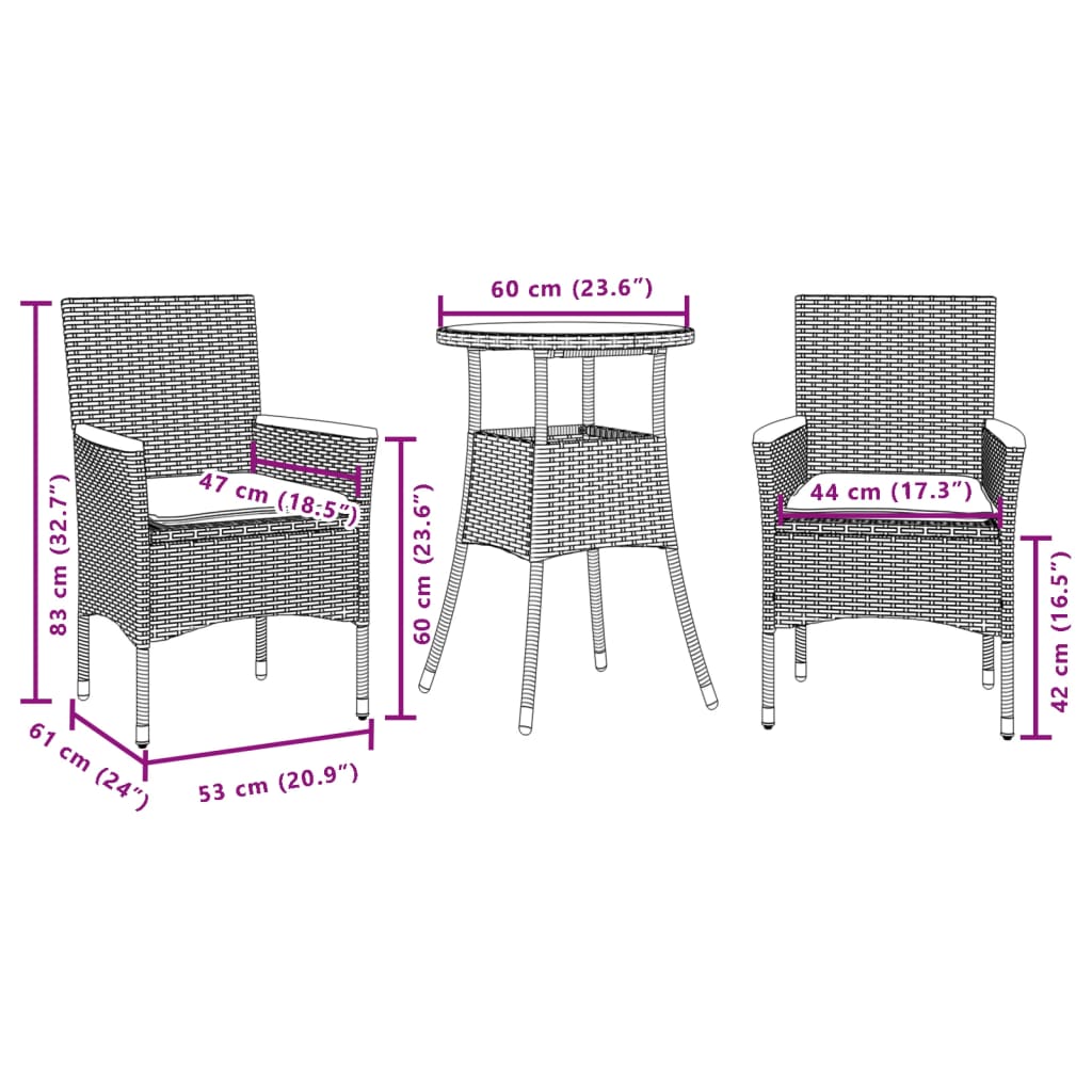 Set da Pranzo da Giardino 3pz con Cuscini in Polyrattan e Vetro | homemem39