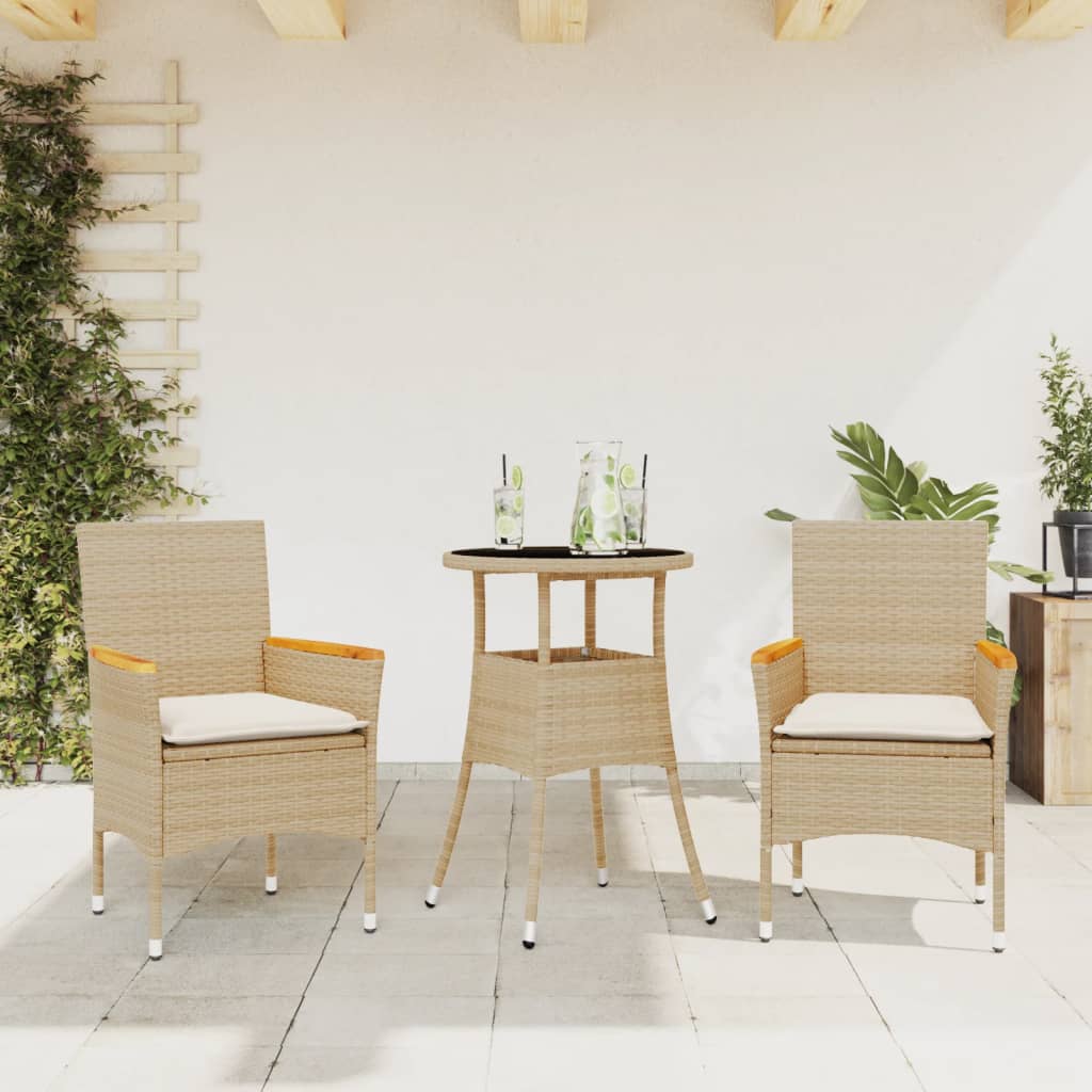 Set da Pranzo da Giardino 3 pz con Cuscini Polyrattan e Vetro | homemem39