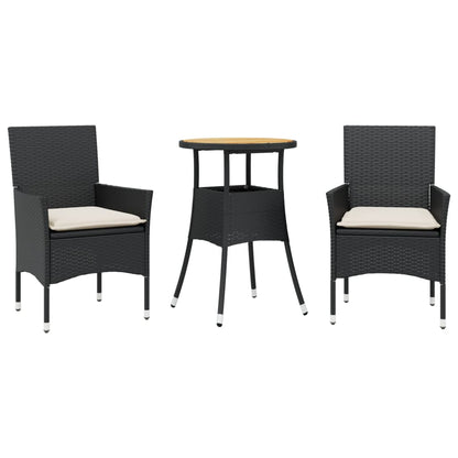 Set Pranzo da Giardino 3 pz con Cuscini Nero Polyrattan Acacia - homemem39