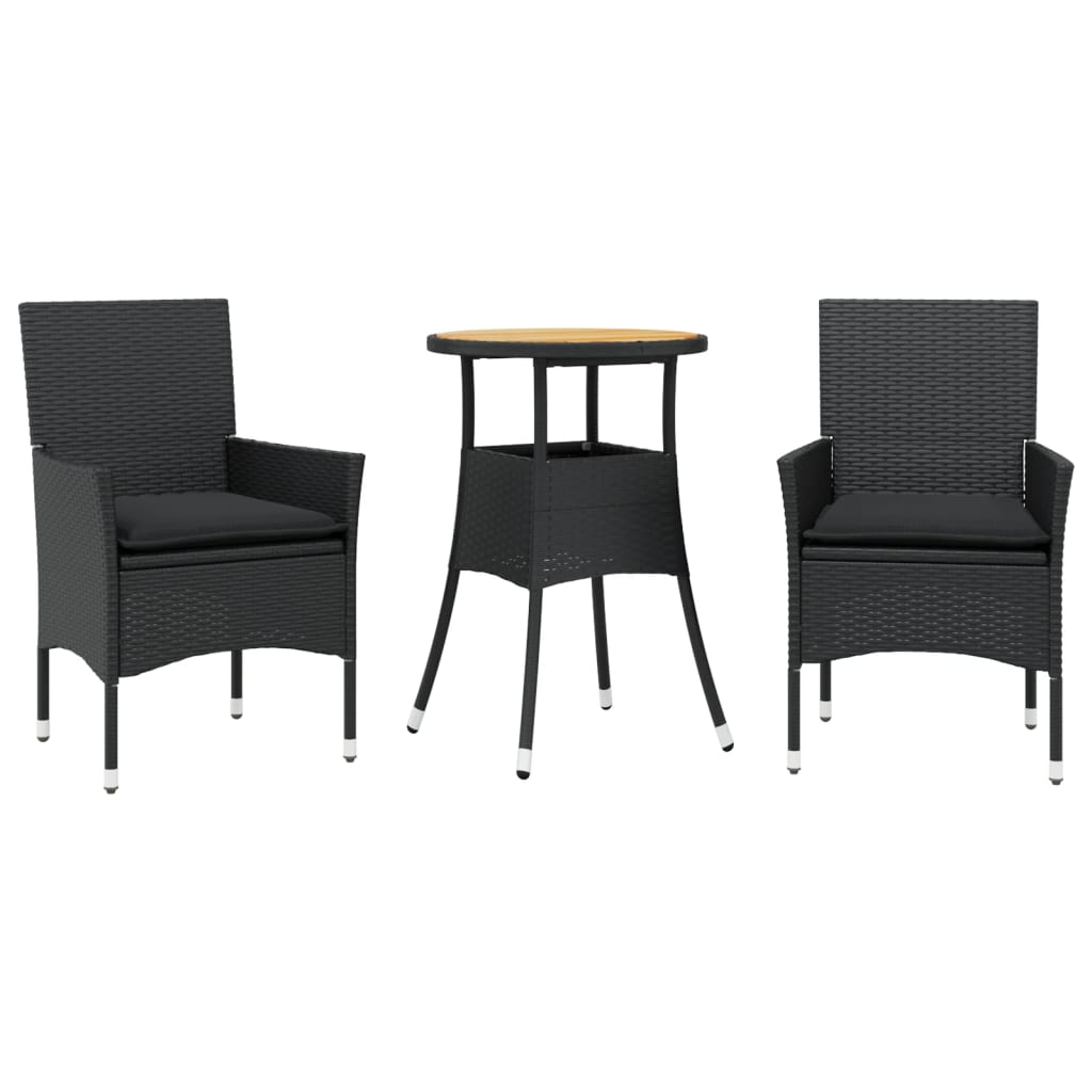 Set Pranzo da Giardino 3 pz con Cuscini Nero Polyrattan Acacia - homemem39