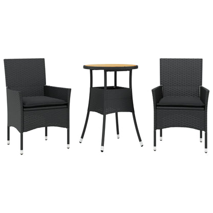 Set Pranzo da Giardino 3 pz con Cuscini Nero Polyrattan Acacia - homemem39