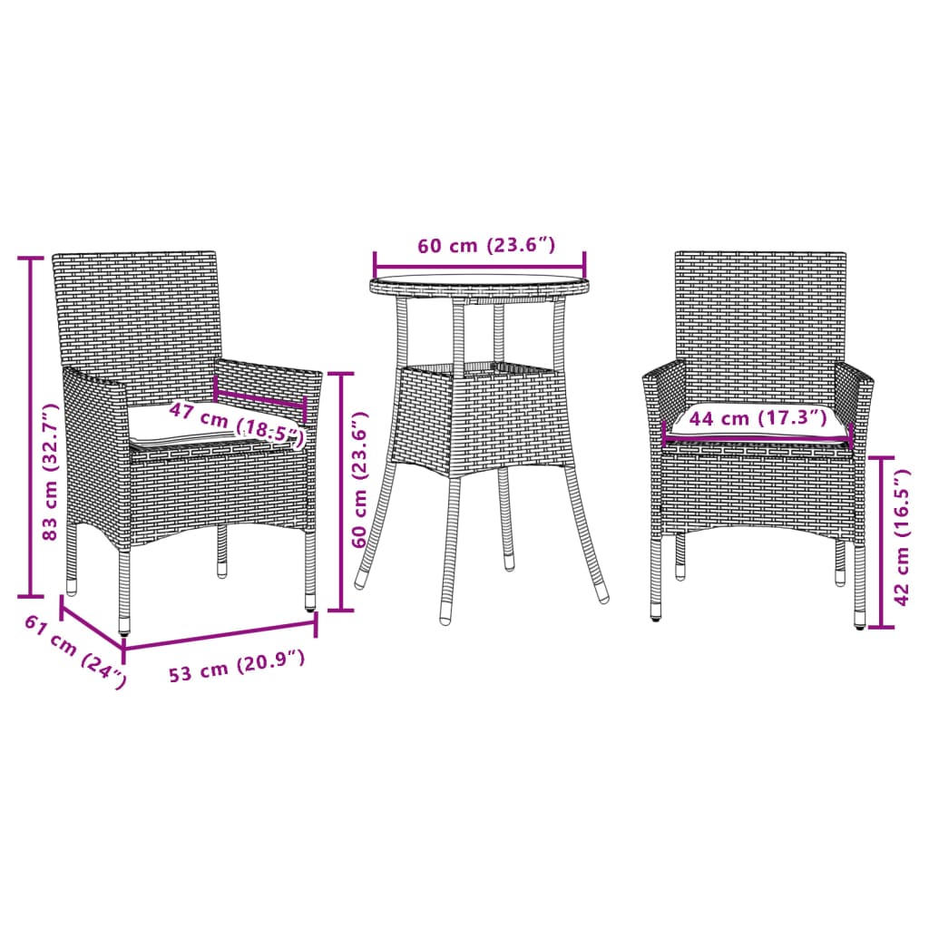 Set Pranzo da Giardino 3pz con Cuscini Polyrattan Acacia Grigio | homemem39