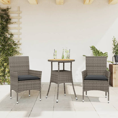 Set Pranzo da Giardino 3pz con Cuscini Polyrattan Acacia Grigio - homemem39