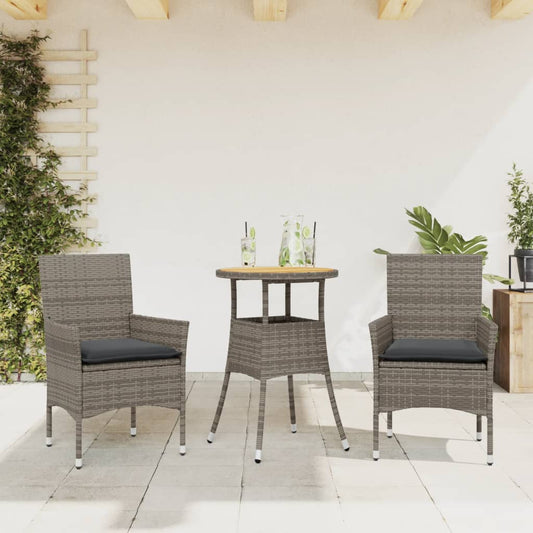 Set Pranzo da Giardino 3pz con Cuscini Polyrattan Acacia Grigio - homemem39