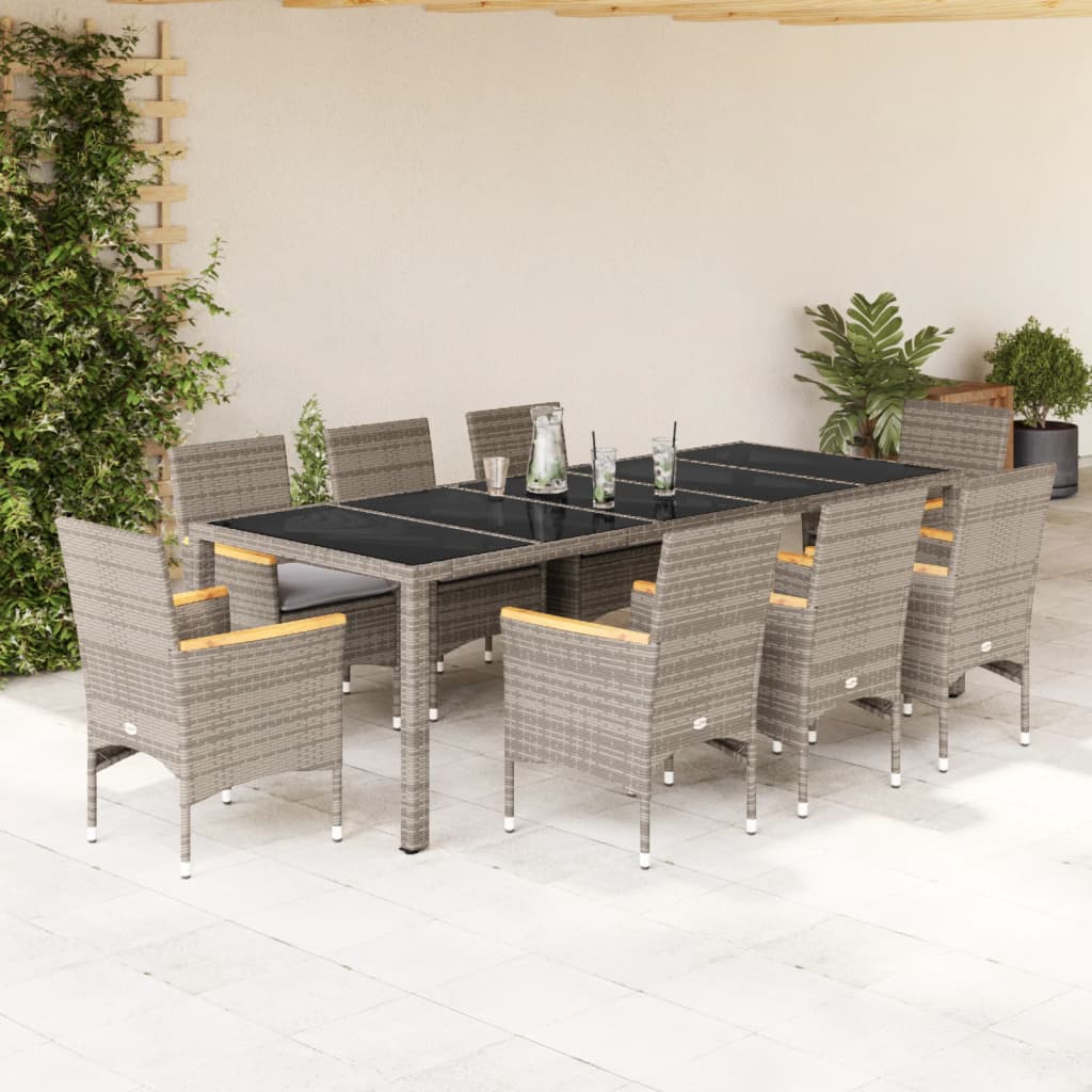 Set da Pranzo da Giardino 9 pz con Cuscini Polyrattan e Vetro | homemem39