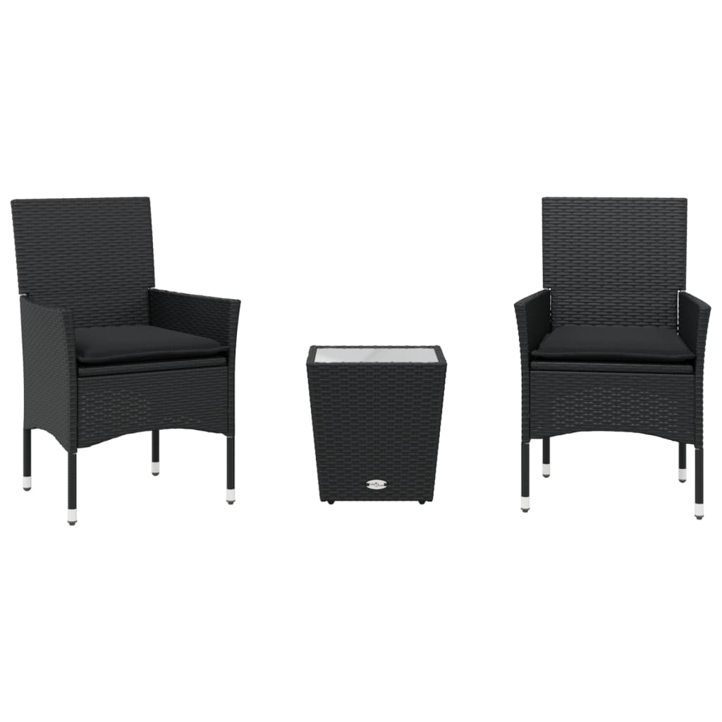 Set da Bistrò 3 pz con Cuscini Nero Polyrattan e Vetro | homemem39