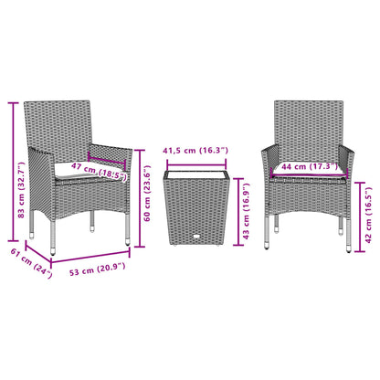 Set da Bistrò 3 pz con Cuscini Nero Polyrattan e Vetro | homemem39
