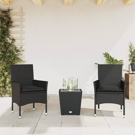 Set da Bistrò 3 pz con Cuscini Nero Polyrattan e Vetro - homemem39