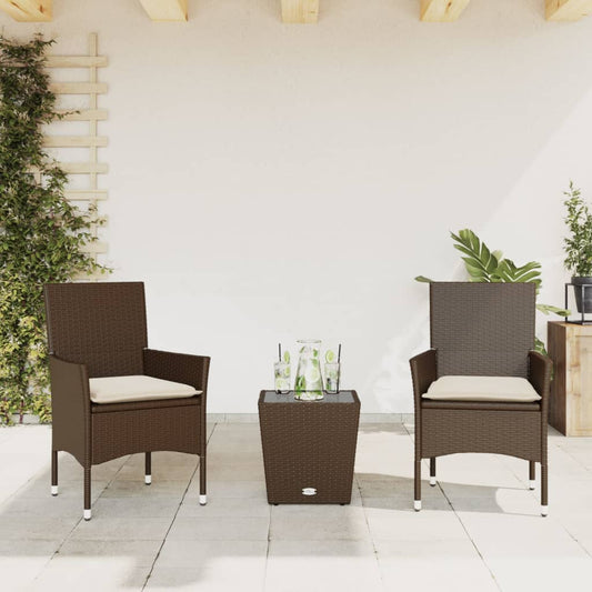 Set Bistrò 3 pz con Cuscini Marrone Polyrattan e Vetro - homemem39
