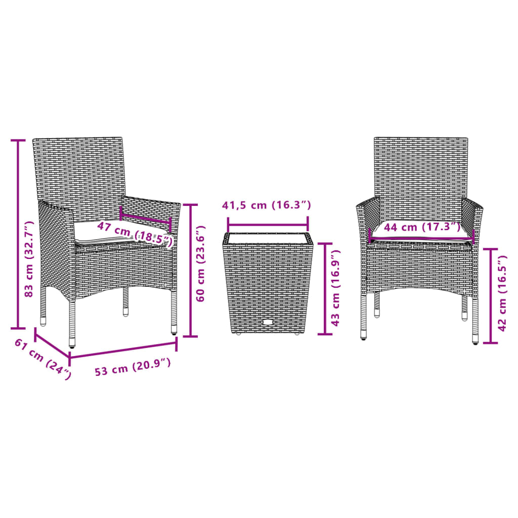 Set da Bistrò 3 pz con Cuscini Beige Polyrattan e Vetro | homemem39