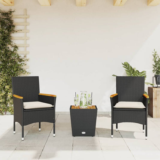 Set da Bistrò 3 pz con Cuscini Nero Polyrattan e Vetro - homemem39