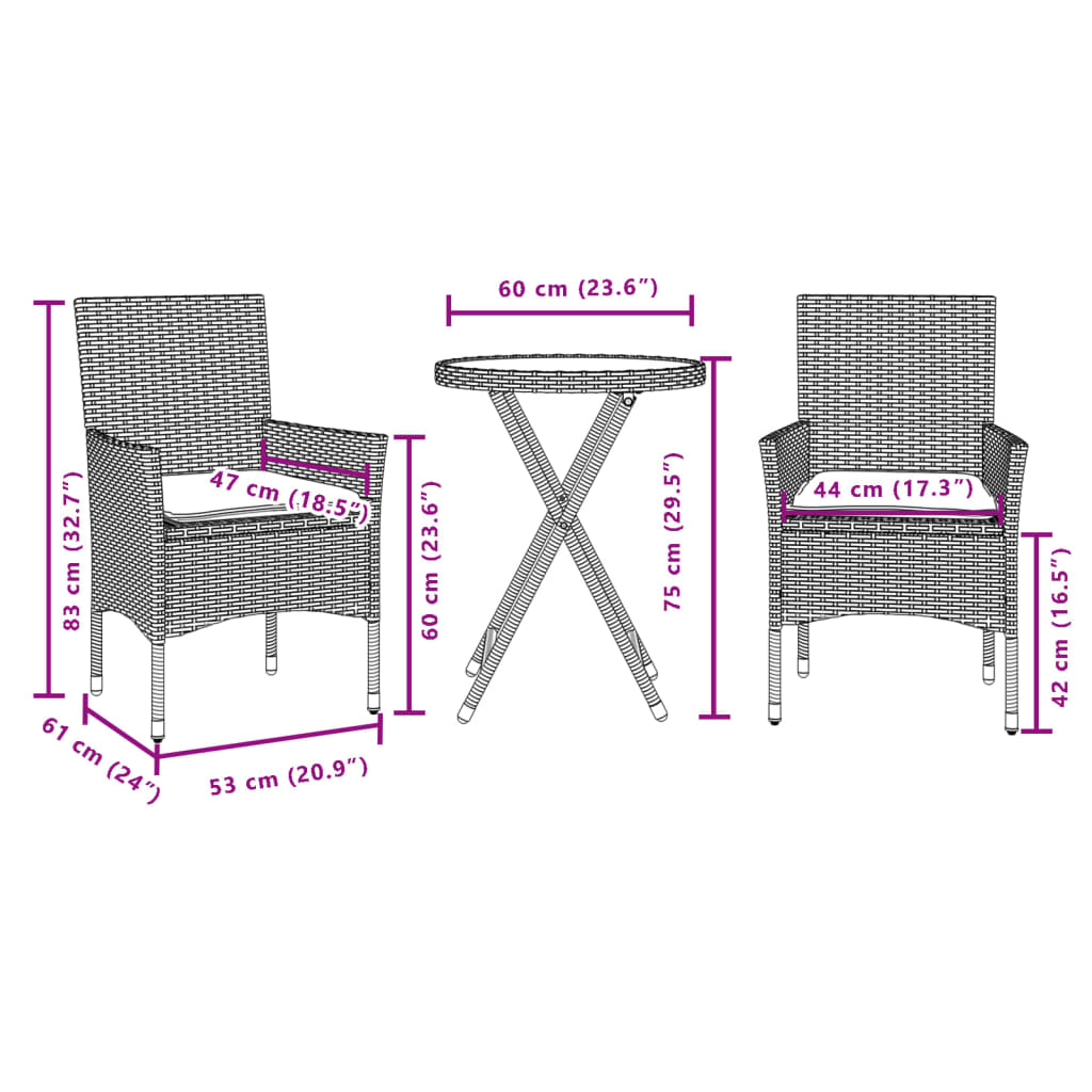 Set da Bistrò 3 pz con Cuscini Nero Polyrattan e Vetro | homemem39