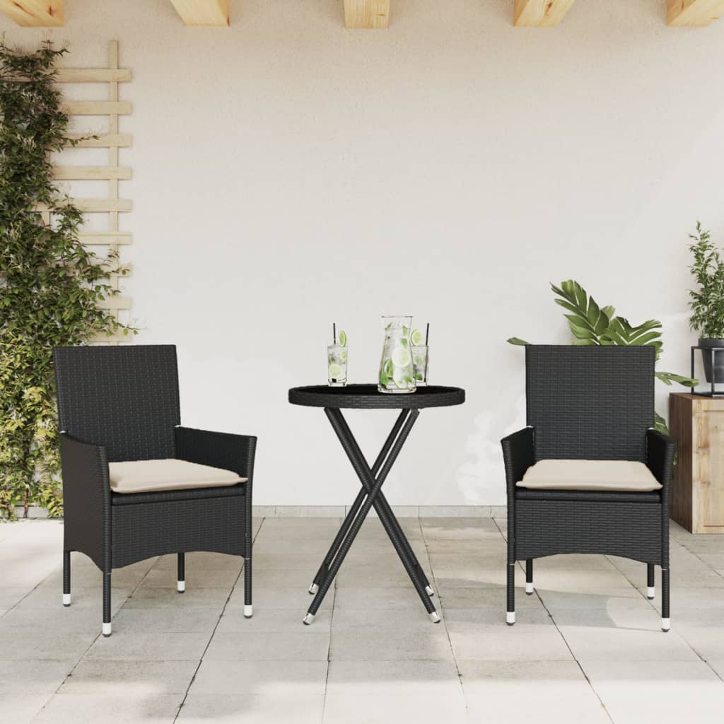 Set da Bistrò 3 pz con Cuscini Nero Polyrattan e Vetro - homemem39