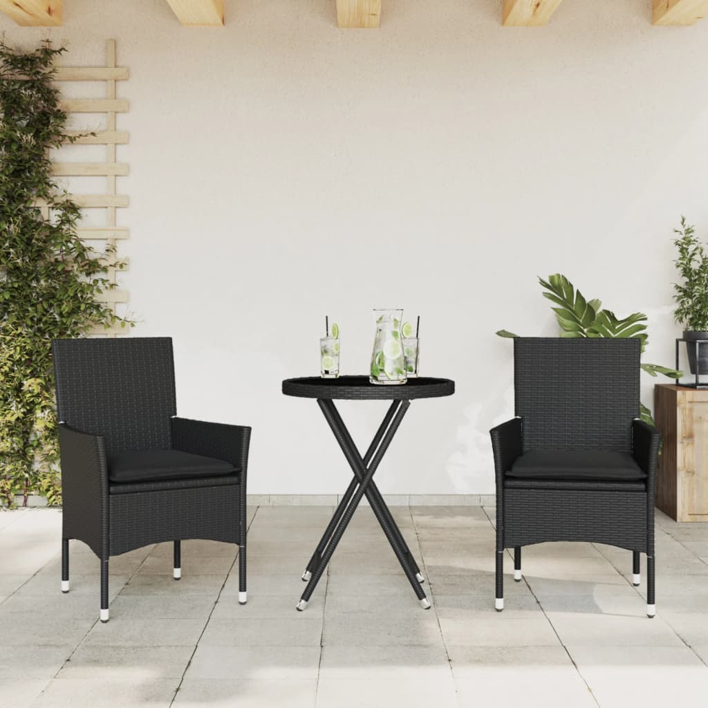 Set da Bistrò 3 pz con Cuscini Nero Polyrattan e Vetro - homemem39