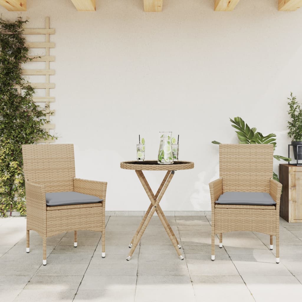 Set da Bistrò 3 pz con Cuscini Beige Polyrattan e Vetro - homemem39