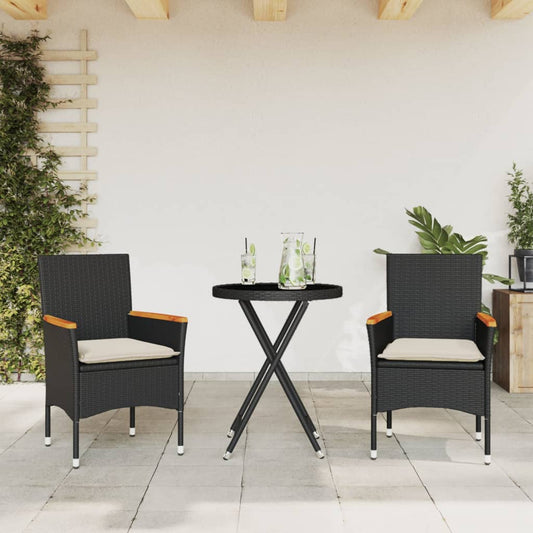Set da Bistrò 3 pz con Cuscini Nero Polyrattan e Vetro - homemem39