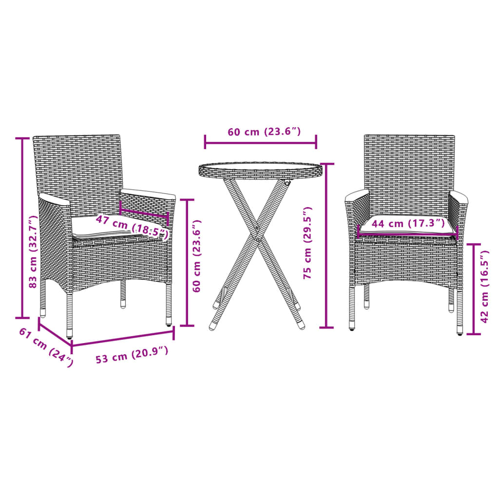Set da Bistrò 3 pz con Cuscini Grigio Polyrattan Acacia | homemem39
