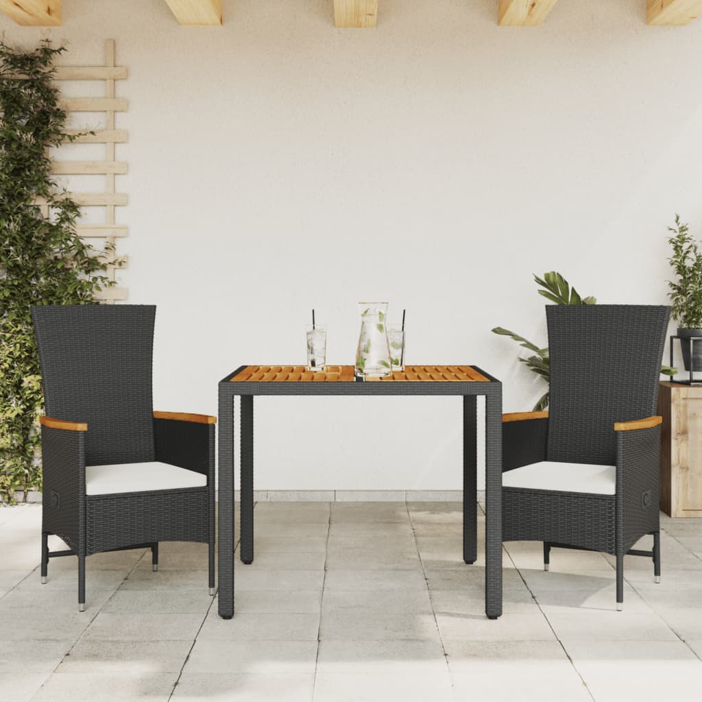 Set da Pranzo da Giardino 3 pz con Cuscini Nero in Polyrattan - homemem39