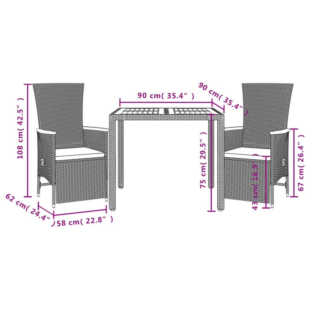 Set da Pranzo da Giardino 3 pz con Cuscini Nero in Polyrattan | homemem39