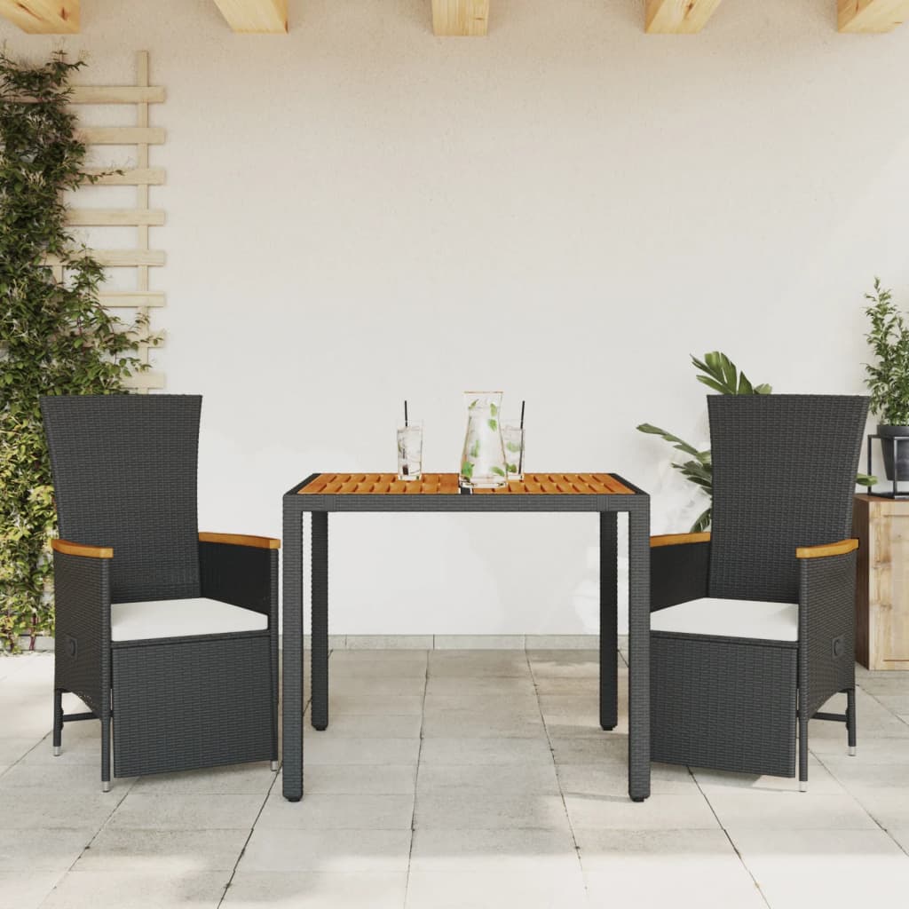 Set da Pranzo da Giardino 3 pz con Cuscini Nero in Polyrattan - homemem39