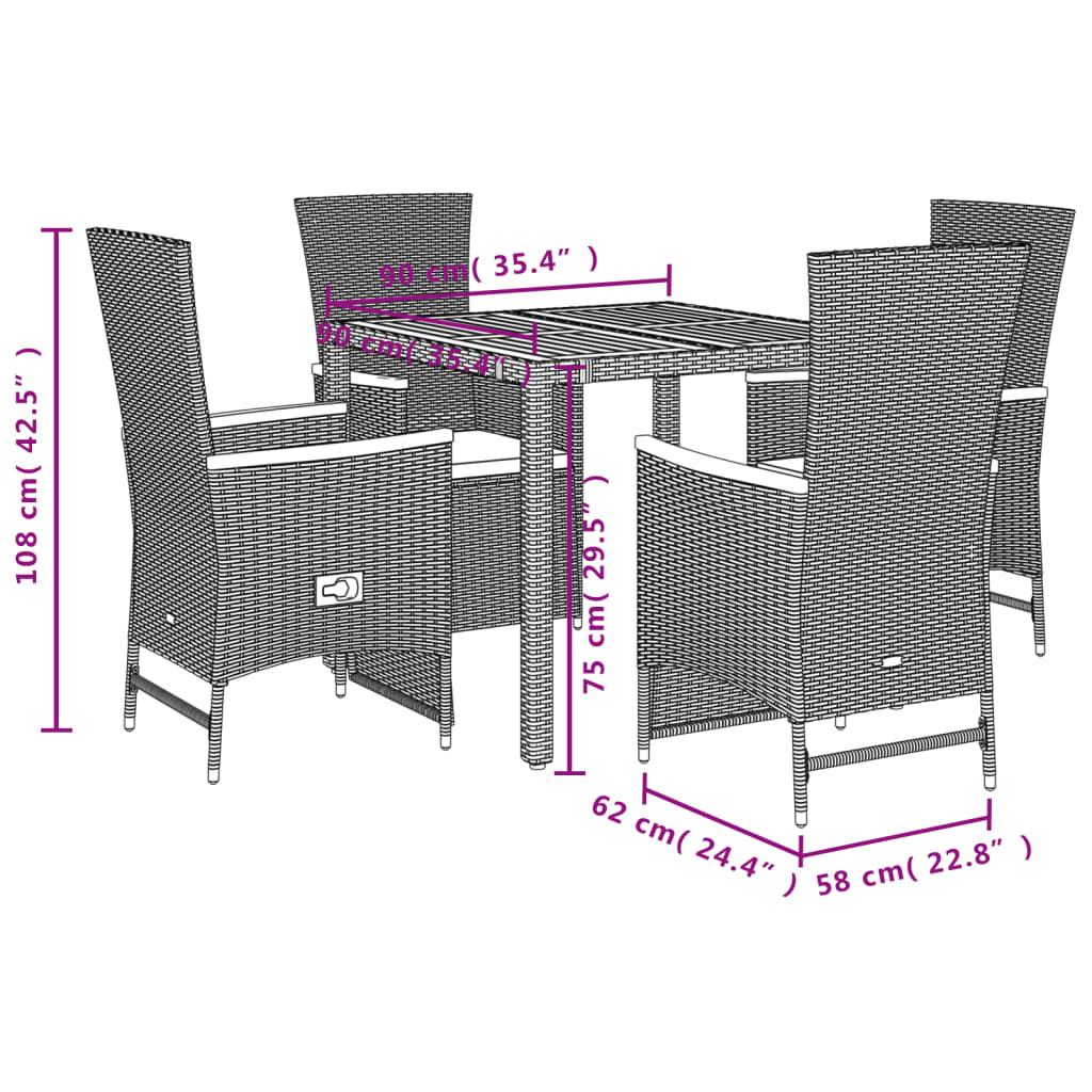 Set da Pranzo da Giardino 5 pz Nero con Cuscini in Polyrattan | homemem39