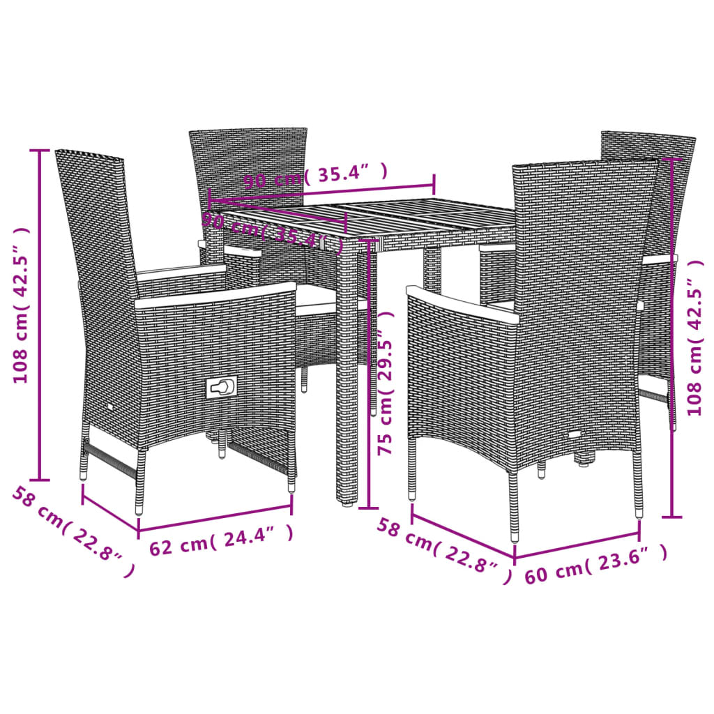 Set da Pranzo da Giardino 5 pz Nero con Cuscini in Polyrattan | homemem39