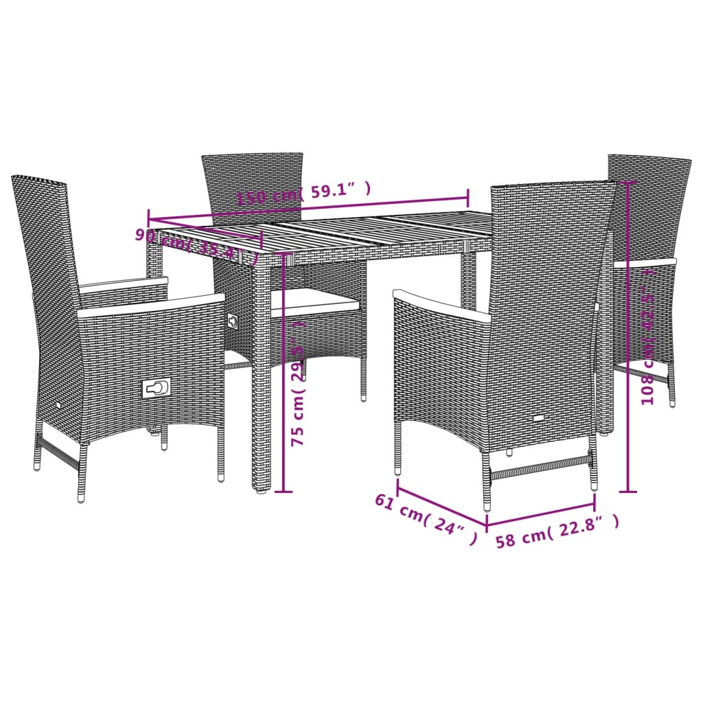 Set da Pranzo da Giardino 5 pz Nero con Cuscini in Polyrattan | homemem39
