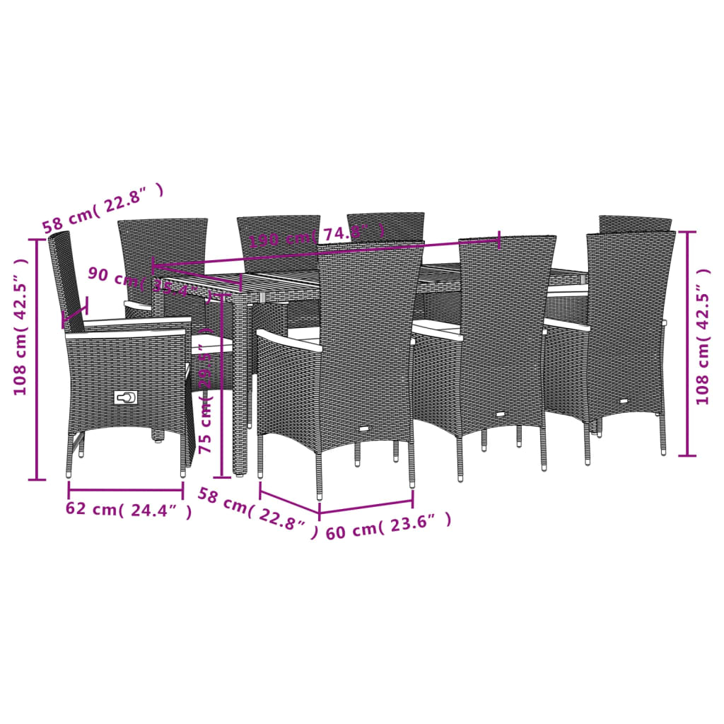 Set da Pranzo da Giardino 7 pz Nero con Cuscini in Polyrattan | homemem39