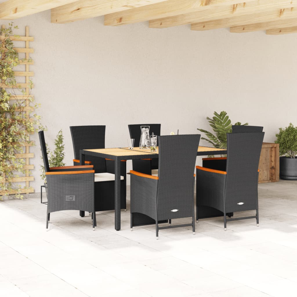 Set da Pranzo da Giardino 7 pz Nero con Cuscini in Polyrattan - homemem39