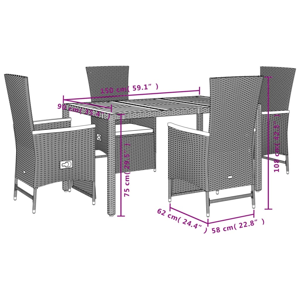 Set da Pranzo da Giardino 5 pz Nero con Cuscini in Polyrattan | homemem39