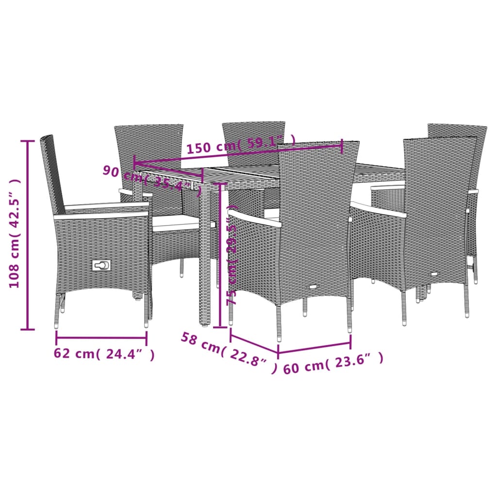 Set da Pranzo da Giardino 7 pz Nero con Cuscini in Polyrattan - homemem39