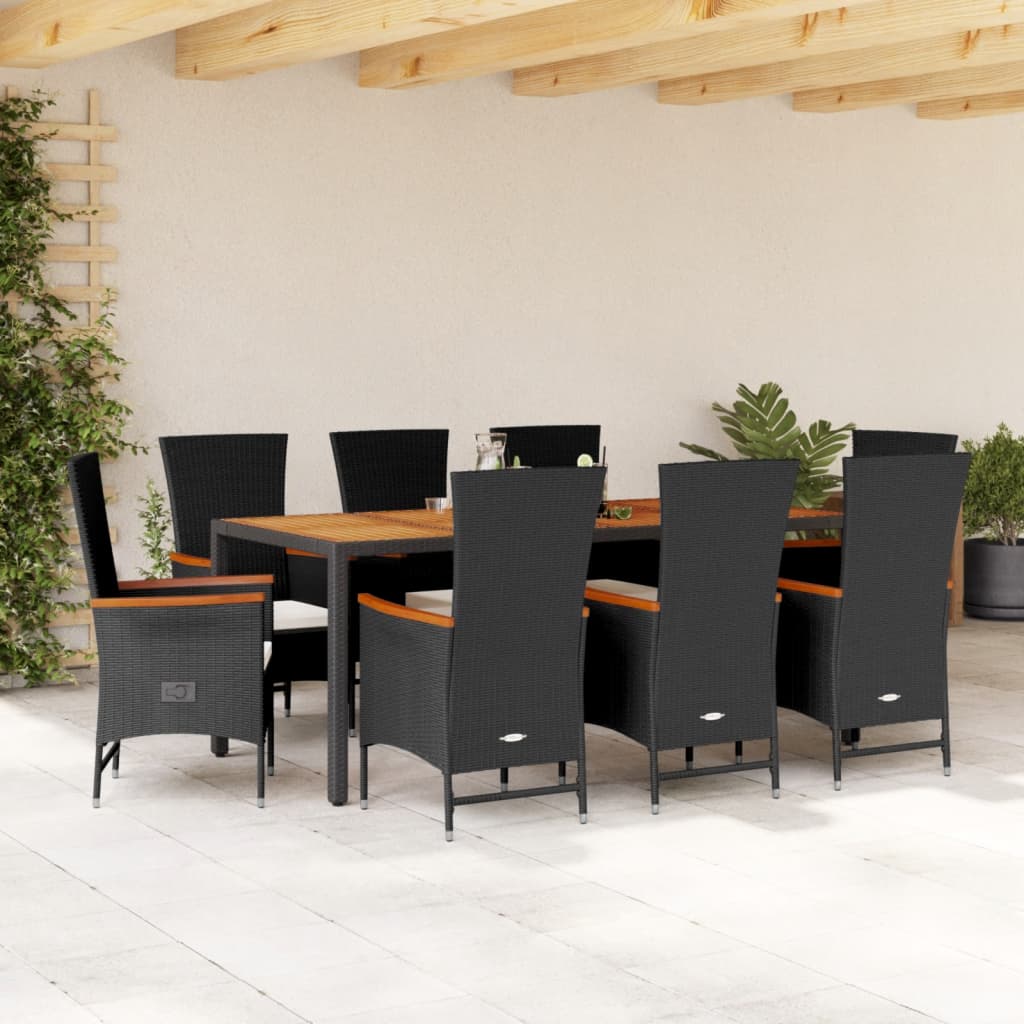 Set da Pranzo da Giardino 9 pz con Cuscini Nero in Polyrattan | homemem39