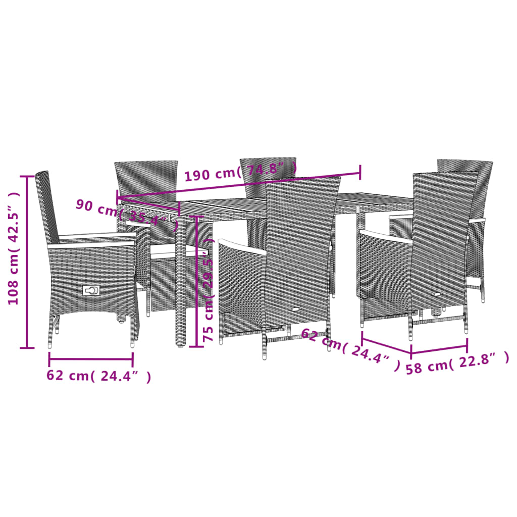 Set da Pranzo da Giardino 7 pz Nero con Cuscini in Polyrattan | homemem39