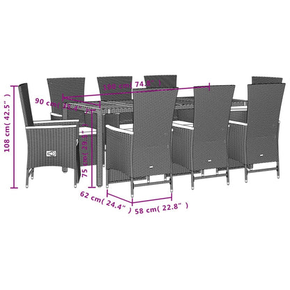 Set da Pranzo da Giardino 9 pz con Cuscini Nero in Polyrattan | homemem39