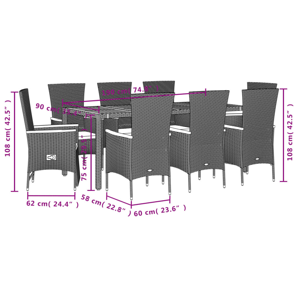 Set da Pranzo da Giardino 9 pz con Cuscini Nero in Polyrattan