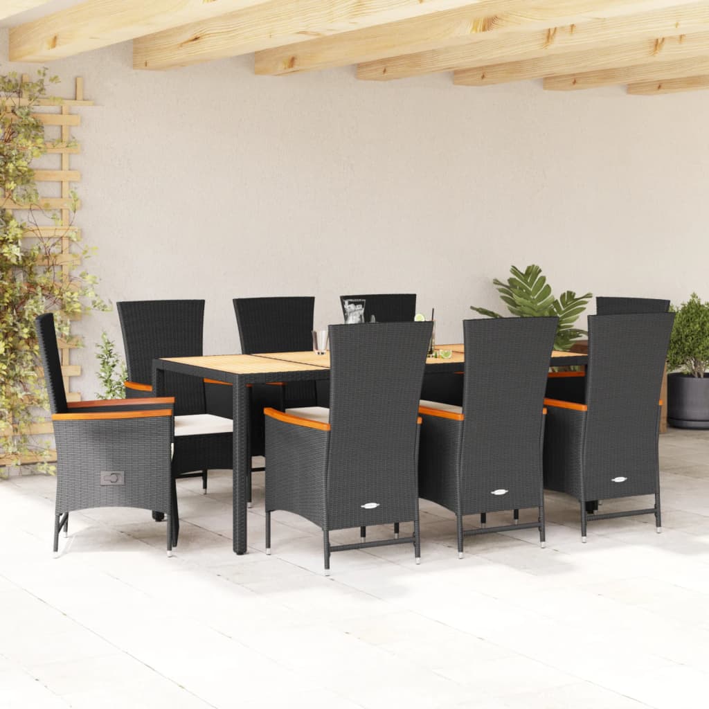 Set da Pranzo da Giardino 9 pz con Cuscini Nero in Polyrattan - homemem39
