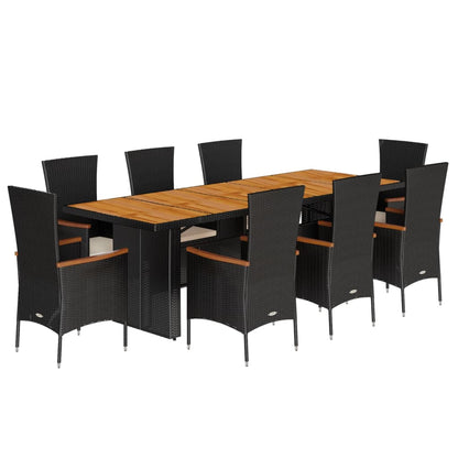 Set da Pranzo da Giardino 9 pz con Cuscini Nero in Polyrattan