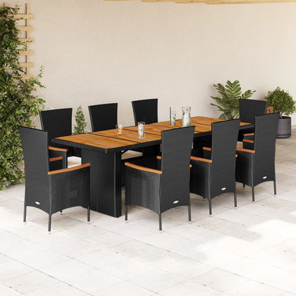 Set da Pranzo da Giardino 9 pz con Cuscini Nero in Polyrattan