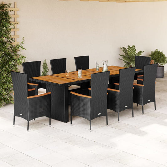 Set da Pranzo da Giardino 9 pz con Cuscini Nero in Polyrattan