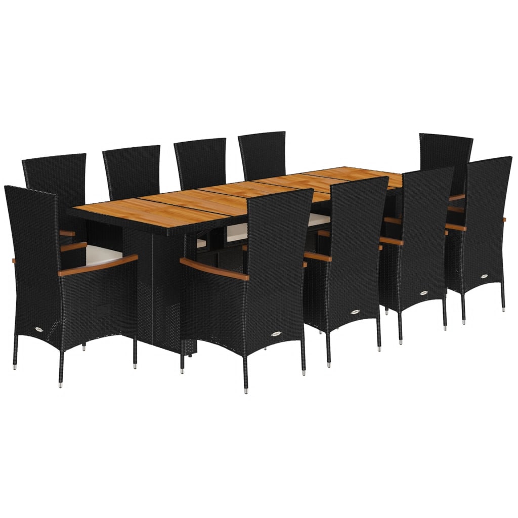 Set da Pranzo da Giardino 11 pz con Cuscini in Polyrattan Nero