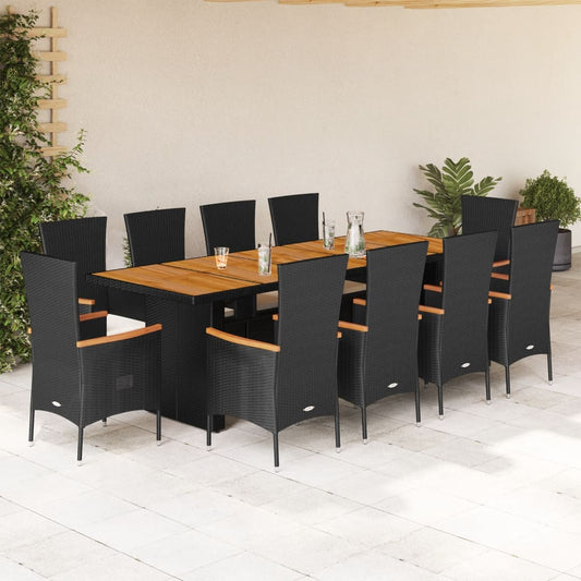 Set da Pranzo da Giardino 11 pz con Cuscini in Polyrattan Nero