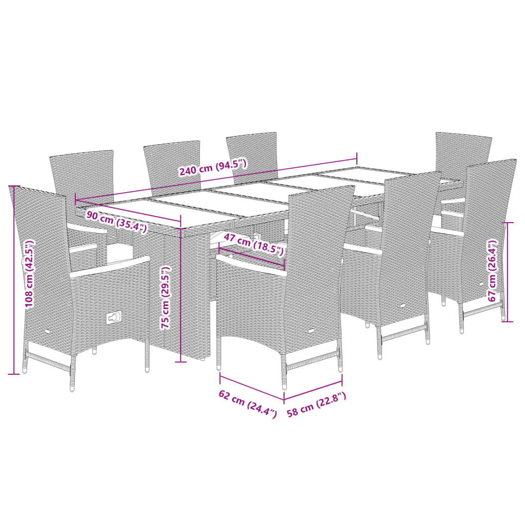 Set da Pranzo da Giardino 9 pz con Cuscini Nero in Polyrattan | homemem39